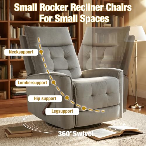 GNMLP2020 Swivel Rocker Recliner Chair, Rocking Chair, Small Swivel Recliner for Small Spaces, Living Room, RV(Dark Grey)
