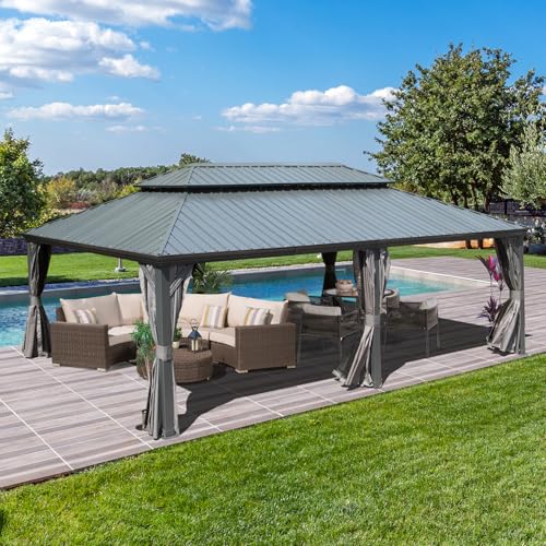 Domi Hardtop Gazebo 14x22FT, Outdoor Gazebo with Galvanized Steel Double Roof, Aluminum Frame, Built-in Gutter System, Curtain and Netting, Metal Gazebo Pavilion for Patio Deck Garden, Grey domi outdoor living