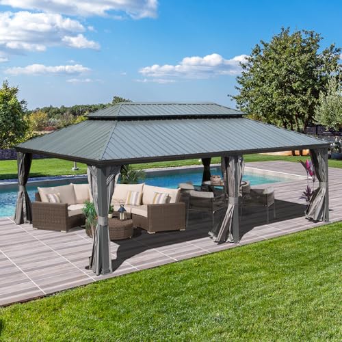 Domi Hardtop Gazebo 14x22FT, Outdoor Gazebo with Galvanized Steel Double Roof, Aluminum Frame, Built-in Gutter System, Curtain and Netting, Metal Gazebo Pavilion for Patio Deck Garden, Grey - WoodArtSupply