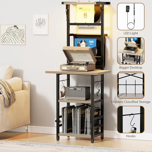 YAKANJ Record Player Stand with Led Light,Record Player Table with Vinyl Storage,Turntable Stand with Record Holder Vinyls Display Shelf for Music Room Studio,Greige YAKANJ