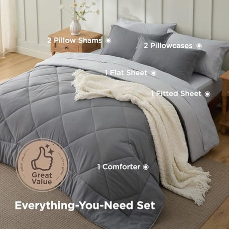 Bedsure Full Size Comforter Set - 7 Pieces Reversible Grey Bedding, Full Size Bed Set for All Seasons, Bed in a Bag with Down Alternative Comforter, Sheets, Pillowcases & Shams Bedsure