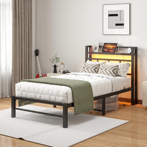 Maliacife Twin Bed Frame with Headboard,Single Bed Frame with Charging Station and LED Lights,Metal Platform Bed Twin Sizes,No Box Spring Needed,Easy Assembly,Black (Black, Twin) Maliacife