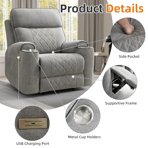 EBELLO Power Recliner Chair, Electric Fabric Reclining Sofa with Cup Holders, USB Type-C Charging Ports, for Small Living Room, Bedroom and Meeting Room, Grey