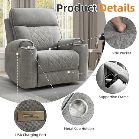 EBELLO Power Recliner Chair, Electric Fabric Reclining Sofa with Cup Holders, USB Type-C Charging Ports, for Small Living Room, Bedroom and Meeting Room, Grey EBELLO