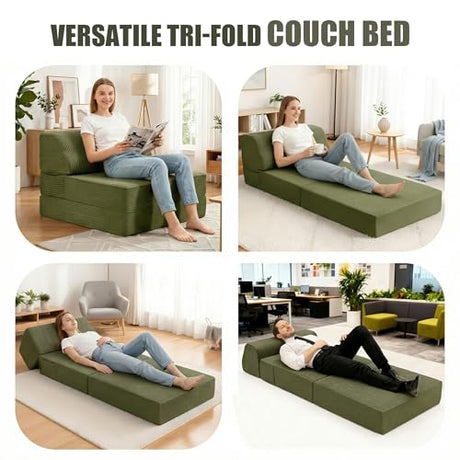 Kasunpul Folding Sofa Bed with Pillow, Memory Foam Fold Out Chair Bed, Convertible Sleeper Chair with Washable Cover, Futon Floor Couch for Living Room/Dorm/Guest Use/Home Office/Apartment, Green Kasunpul