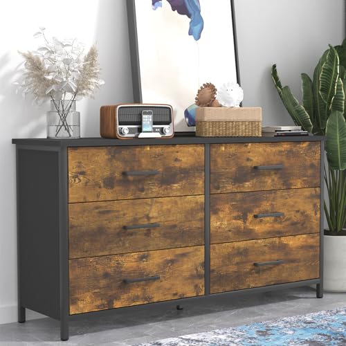 IKENO 6 Drawer Dresser, Industrial Wood Storage Dressers & Chests of Drawers with Sturdy Steel Frame, Storage Dresser for Bedroom Wood (Rustic Brown) - WoodArtSupply