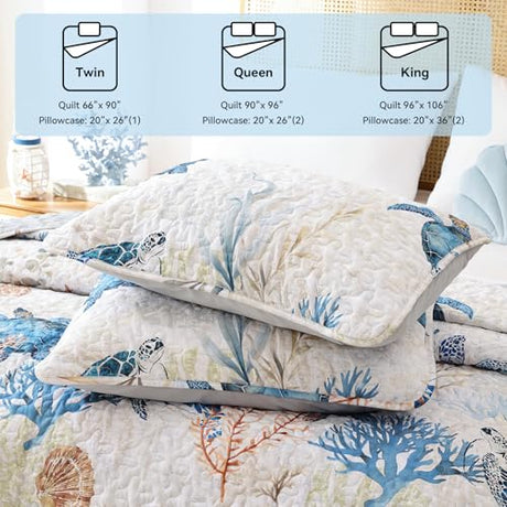 weigelia Coastal Quilts Bedding Set Twin Size - Summer Sea Turtles Nautical Bedding Quilt with Pillow Cases, Beach Reversible Quilt Set Bedspreads Coverlet Soft Lightweight Comforter weigelia