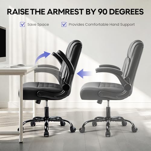 OFIKA Leather Office Desk Chair,Ergonomic Office Chair with Lumbar Support,Computer Chair,Executive Leather Chair with Padded Flip-up Arm,Adjustable Armrests, Black,275LBS OFIKA