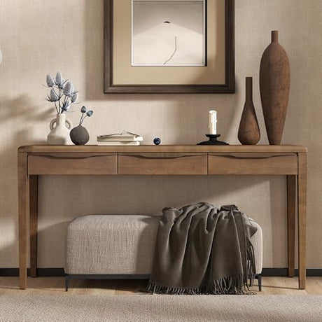 Merax 59.84'' Elegant Console Table with Oak Veneer,Light Luxury Entryway Table with 3 Drawers,Farmhouse Sofa Table with Soft-Corner Design,Suitable for Living Room, Foyer and Hallway, Brown Merax