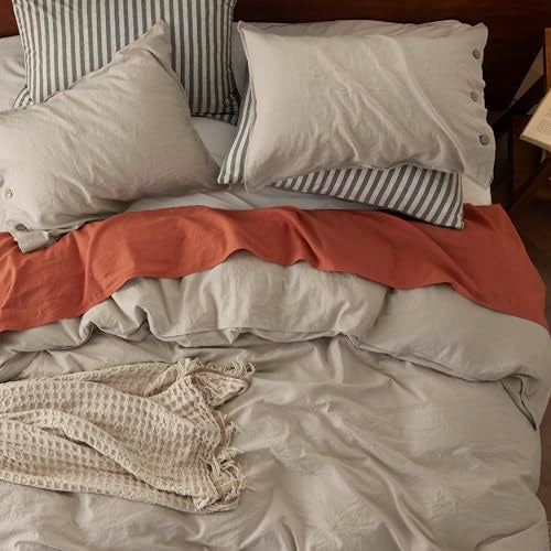 Bedsure Linen Duvet Cover Queen Size - Linen Cotton Blend Bedding Set, Soft & Cozy, 3 Pieces, 1 Duvet Cover 90x90 Inches and 2 Pillowcases, Natural Color Cooling Bedding, Comforter Sold Separately Bedsure