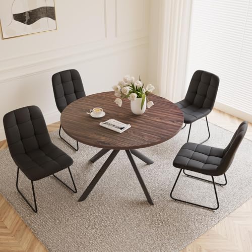 HIPIHOM 45.3 Inch Round Dining Table Set for 4, Mid Century Modern MDF Coffee Set for Dining Room Kitchen Apartment (Dark Walnut Table + 4 U-Shaped Black Chairs) HIPIHOM