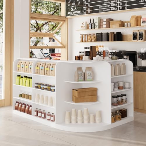 FAMAPY 70.9" L-Shape Reception Desk with Open Display Shelving, 2 Drawers & Cabinets, Modern Reception Counter for Shop White 70.9”W x 47.2”D x 39.4”H