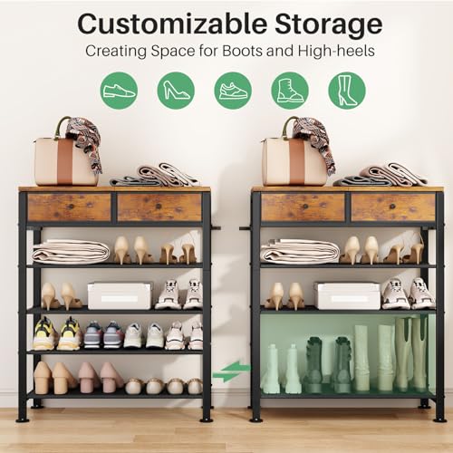 Kitstorack Shoe Rack, 5 Tier Shoe Organizer for 12-16 Pairs of Shoes, with 2 Drawers, 3 Fabric Shelves and Wooden Top, Shoe Rack for Closet Entryway, Rustic Brown Kitstorack