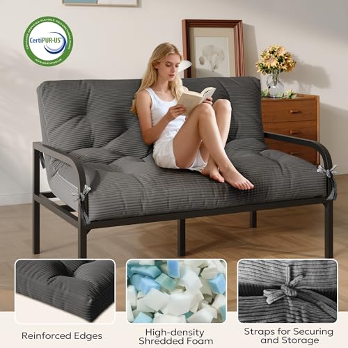 Furnify 6" Futon Mattress Full Size, Futons Couch Bed with Straps, Corduroy Fabric Floor Sofa Mattress for Adults, Foldable Mattress with Shredded Foam Filling (Frame Not Included), Grey Furnify