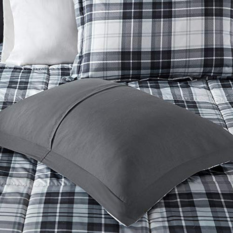 Madison Park Essentials Parkston Plaid Comforter, Matching Sham, 3M Scotchguard Stain Release Cover, Hypoallergenic All Season Bedding-Set, Full/Queen, Black, 3 Piece Madison Park