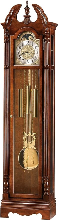 Howard Miller Klinman Standing Floor Clock, with Pendulum Wood Finish Lock Glass Door | Chain Driven Single-Chime Westminster Movement, Modern Grandfather Clock for Bedroom & Living Room Howard Miller