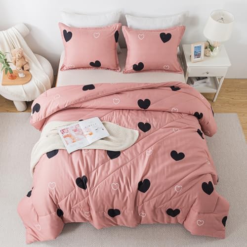 Caressma Love Pattern Girls Pink Comforter Set Twin Size, Cameo Brown Cute Love Heart Print Sexy Comforter Bedding Set for All Seasons, Geometric Soft Microfiber Comforter Set with Pillowcase Caressma