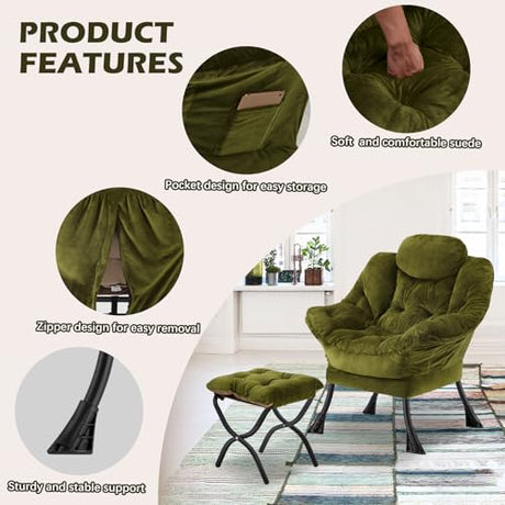 Congermom Lazy Chair with Folding Ottoman,Leisure Sofa Chair,Soft Fabric Armchair with Armrests and Side Pockets, Reading Chair with Footrest for Living Room, Bedroom, Office (Plush Green) Congermom