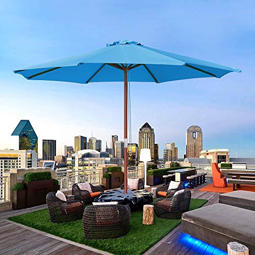 Yescom 9ft Wooden Outdoor Patio Blue Umbrella W/ Pulley Market Garden Yard Beach Deck Cafe Sunshade Yescom
