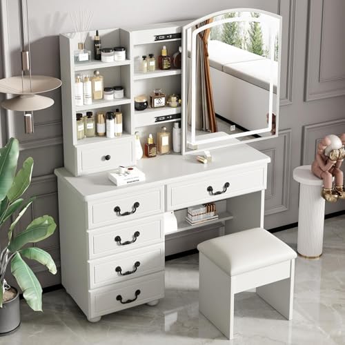 Runboll Elegant Vanity Desk with Lighted Mirror, 6 Drawer White Dressing Table Set for Bedroom, Features Adjustable 3-Color LED Lights, Perfect Makeup Vanity with Storage Runboll