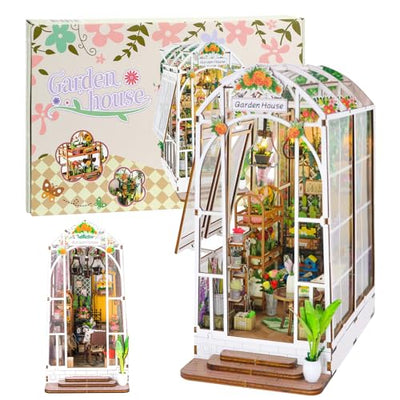 Fimeetoy Book Nook Kit for Adults, Miniature House Kit Doll House DIY Crafts for Adult Teen, Tiny House Bookshelf Decor with LED Light, 3D Puzzle Book Ends Garden House Birthday Gift for Women Friends