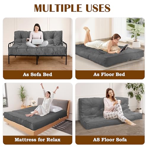 Bliss Homey 8" Futon Mattress Full Size 54" x 80", Extra Thick Floor Futon Mattress Comfy Sleeping Mat, Foldable Velvet Futon Sofa Bed for Camping, Guest, Dorm, Drak Gray(Frame Not Included) Bliss Homey