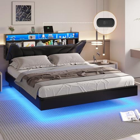DICTAC Full Size Floating Bed Frame with led Lights & Storage Headboard Full Led Visual Floating Bed with Outlets Faux Leather Upholstered Platform Bed with Hidden Storage,No Box Spring Needed,Black DICTAC