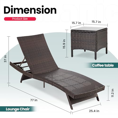 Pamapic Patio Chaise Lounge Set 3 Pieces with Adjustable Backrest and Removable Cushion, Outdoor Pool Chair for Patio Poolside Backyard Porch