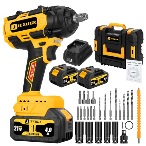 JEXUGK 850N.m Cordless Impact Wrench Set, 1/2 inch 640Ft-lbs 21V Brushless Impact Gun, Llave De Impacto w/ 2 x 4.0Ah Battery, Charger, 5 Sockets, Kit Pistola De Impacto for Car Home - WoodArtSupply