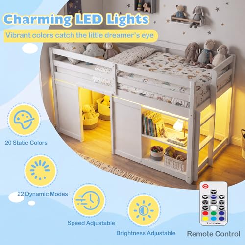 Giantex Loft Bed Twin Size with LED Lights, Wooden Low Bed Frames for Kids w/2 Doors, Under-Bed Play Space & Storage Bookcase, Modern Bedframe with Ladder & Safety Guardrail for Boys Girls (White) Giantex