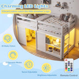 Giantex Loft Bed Twin Size with LED Lights, Wooden Low Bed Frames for Kids w/2 Doors, Under-Bed Play Space & Storage Bookcase, Modern Bedframe with Ladder & Safety Guardrail for Boys Girls (White) Giantex