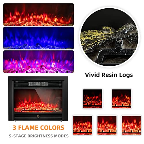 LDAILY 28" Electric Fireplace, Wall Mounted/Recessed, 3-Color Flame, 5 Brightness, 8H Timer & Remote Control, 750/1500W Freestanding Fireplace Insert Heater, Black (28.5 inches) LDAILY