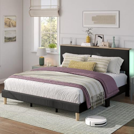 Bestier King Bed Frame with Adjustable Headboard & LED Lighting, Corduroy Upholstered Platform Bed Frame with Storage Shelf, Solid Wood Slats, No Box Spring Needed, Never Squeak, Easy Assembly, Black Bestier