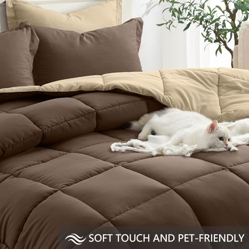 Homelike Moment Queen Comforter Set Brown, Comforters Queen Size Set Lightweight Reversible Down Alternative Bed Comforter Full Size Soft, All Season 3 Pieces Sets Brown/Beige Homelike Moment