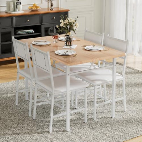 VECELO Dining Table Set for 4 with Chairs, 5-Piece Kitchen Table and Upholstered Padded Chairs Set for Small Space, Dining Room, Apartment, Natural Oak VECELO