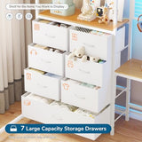 Twin Loft Bed with L-Shaped Desk, 7 Storage Drawers, Metal Loft Bed Twin Size with LED Lights and Charging Station, Storage Shelf and Pegboard, Safety Guardrail and Ladder, No Box Spring Needed, White mojiasion