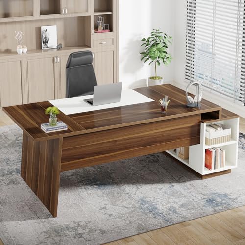Tribesigns L-Shaped Executive Office Desk, 70.5-Inch Mid-Century Modern Executive Desk with Storage Cabinet and Shelves, Large Computer Desk for Home Office, Brown + White Tribesigns