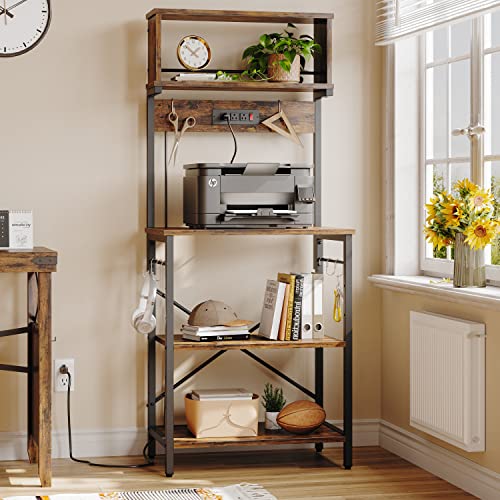 Bestier Rustic Kitchen Bakers Rack with Power Outlets & Adjustable Height - WoodArtSupply