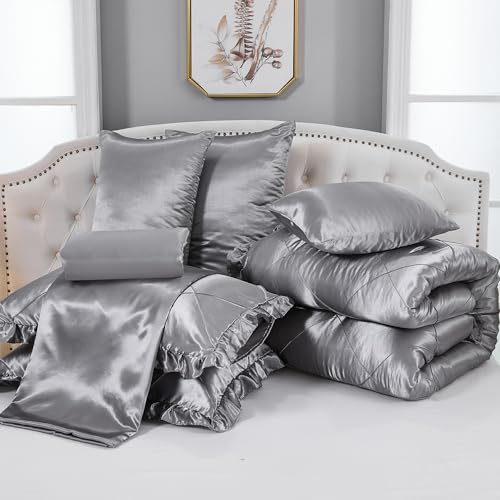 Grey Comforter Set King Sheet Set Silk Like Satin Bedding Set Silky Bed in a Bag 8 Pcs Pinch Pleat Bed Set Home Decor Luxury Hotel Silky Ruffle Comforter with 1 Cushion Cover Bedding_Dreamer