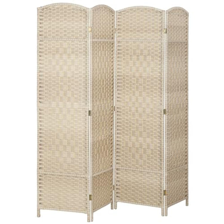 HOMCOM 4 Panel Room Divider, 6' Tall Folding Privacy Screen, Woven Freestanding Wall Partition for Home Office, Bedroom, Washed Oak HOMCOM