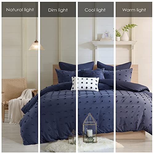 Intelligent Design Duvet Set 100% Cotton Jacquard, Tufts Accent, Shabby Chic All Season Cover for Comforter, Matching Shams, Decorative Pillows, Full/Queen (88 in x 92 in), Navy 7 Piece Intelligent Design