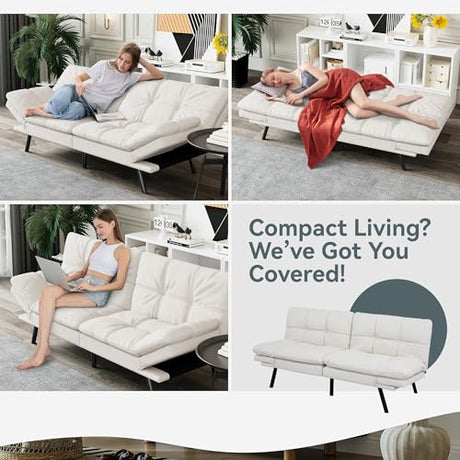 AMICLIBER Futon Sofa Bed Convertible Couch, White Faux Leather Sofa Bed with Memory Foam, Adjustable Backrest & Armrests, Multifunctional Small Loveseat Sleeper Sofa for Living Room, Apartment, Office AMICLIBER