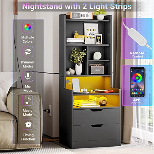 BTHFST Tall Black LED Bedside Nightstand with Charging Station, Shelves, and Drawers - WoodArtSupply