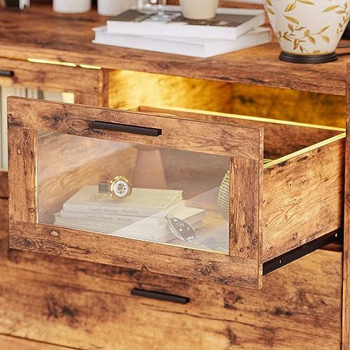 LIKIMIO 7 Drawer 47" Glass Dresser with LED and Power Strip, Wood Dressers & Chests of Drawers for Bedroom Living Room, Rustic Brown LIKIMIO