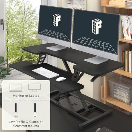 FLEXISPOT Standing Desk Converter 42-inch Spacious Sit to Stand up Dual Monitor and Laptop Riser, Big Size Tabletop Workstation with Large Keyboard Tray, Black FLEXISPOT