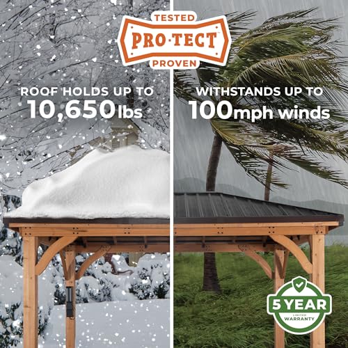 Backyard Discovery Barrington 14 ft. x 12 ft. Hip Roof Cedar Wood Gazebo Pavilion, Shade, Rain, Hard Top Steel Metal Roof, All Weather Protected, Wind Resistant up to 100 mph, Holds up to 10650 lbs Backyard Discovery