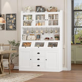 HIFIT 71.4” H Kitchen Pantry Storage Cabinet, Farmhouse Tall Pantry Cabinet with 3 Bread Storage Containers and Cable Hole, 47.2” Wide Kitchen Hutch with 7 Metal Hooks and Glass Doors, White HIFIT