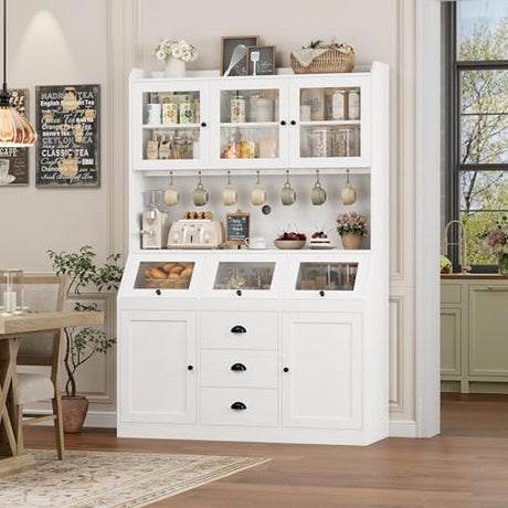 HIFIT 71.4” H Kitchen Pantry Storage Cabinet, Farmhouse Tall Pantry Cabinet with 3 Bread Storage Containers and Cable Hole, 47.2” Wide Kitchen Hutch with 7 Metal Hooks and Glass Doors, White HIFIT