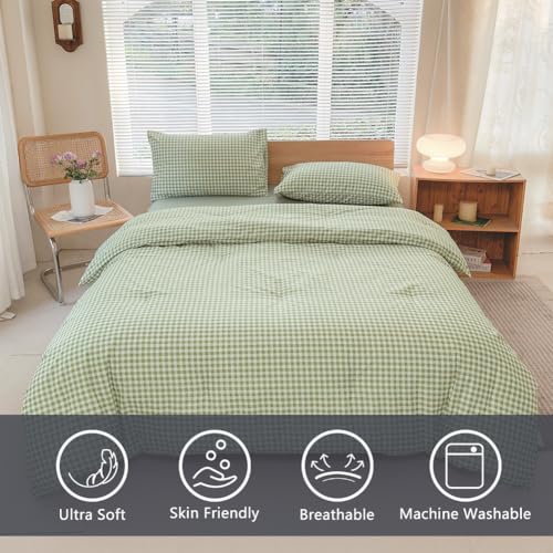 NSNLGSGC Queen Comforter Set, Sage Green Gingham Bedding Comforter Sets, Green Grid Bed Comforter 3 Pieces (1 Comforter, 2 Pillowcases) NSNLGSGC