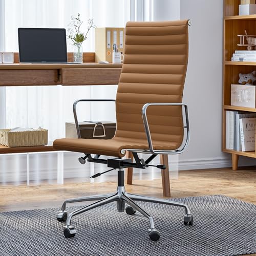OTDMEL Ribbed Office Chair with Top Grain Leather - High Back Ergonomic Desk Chair with Aluminum Arm Rest and 5-Star Base, Swivel Chairs Light Brown OTDMEL